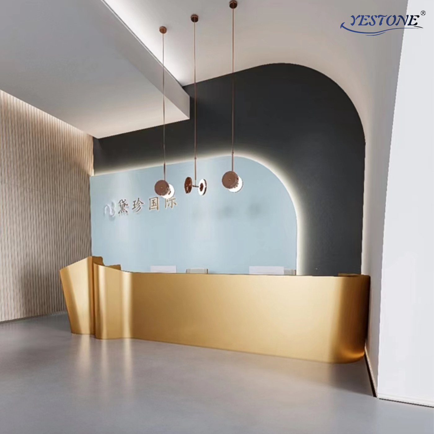 Yestone i shape comptoir caisse magasin granite reception desk reception desk beauty salon stainless steel gold reception desk