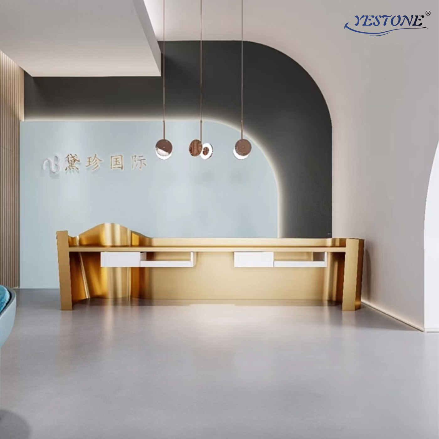 Yestone i shape comptoir caisse magasin granite reception desk reception desk beauty salon stainless steel gold reception desk