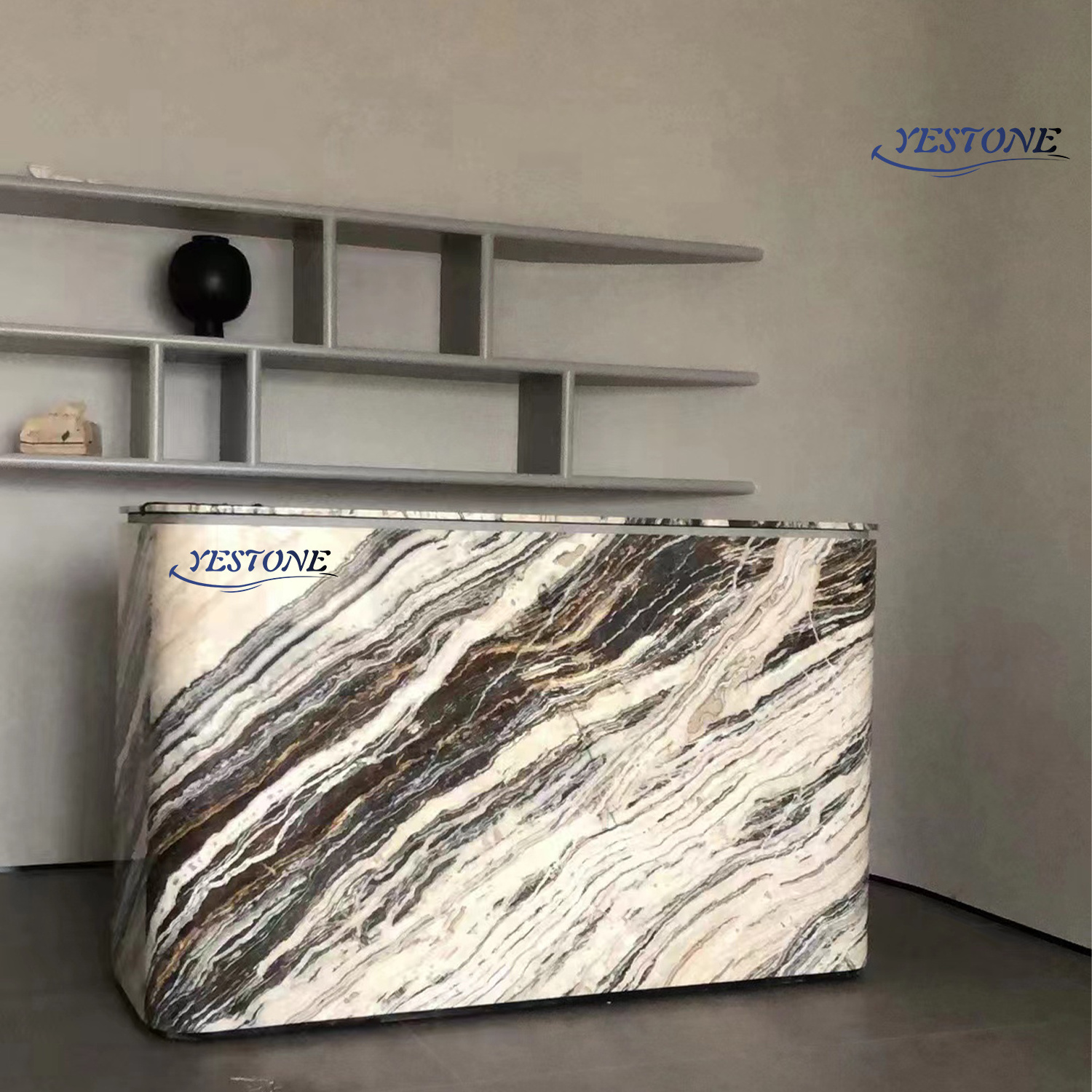 Yestone oem beauty solid surface nature stone reception desk office building marble reception desk blue and white marble