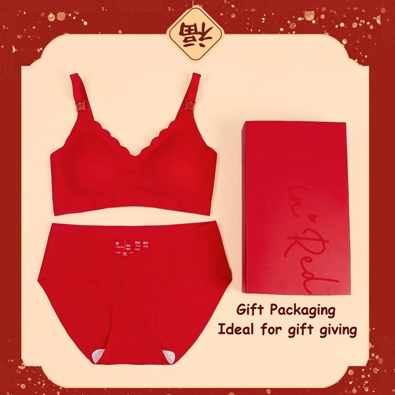 Nursing Underwear Set New Year Gift Set Red Underwear Wireless Maternity Bra Nursing Bra Low Waist Hip Lifting Panties