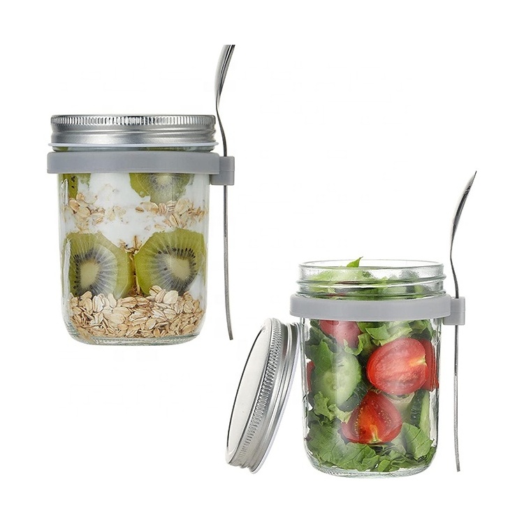 350ml 12oz overnight oats glass jars with metal lid and stainless steel spoon