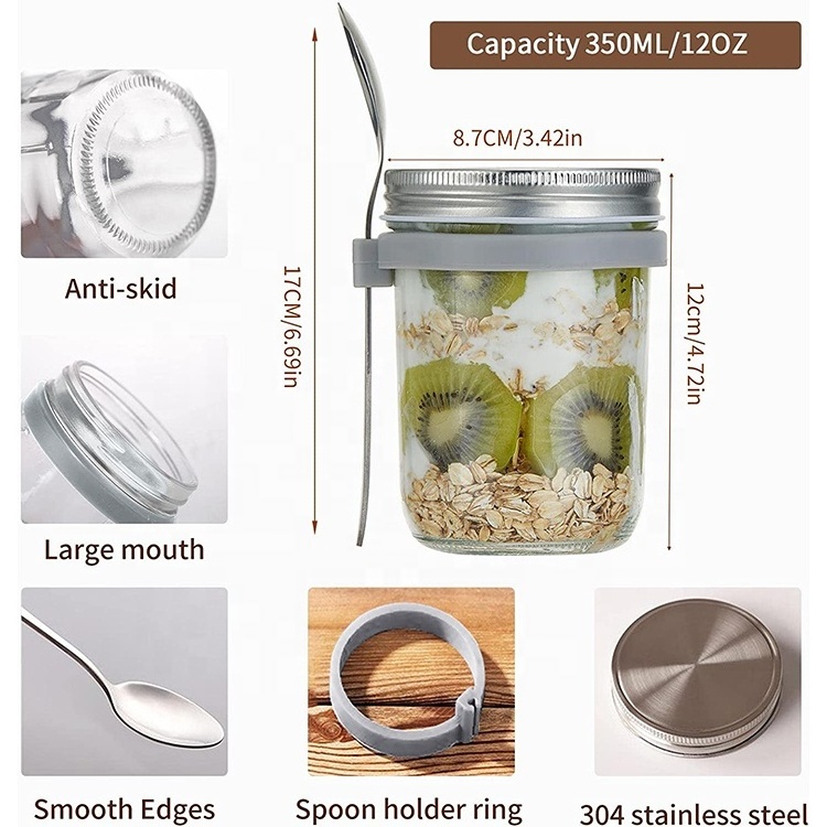 350ml 12oz overnight oats glass jars with metal lid and stainless steel spoon