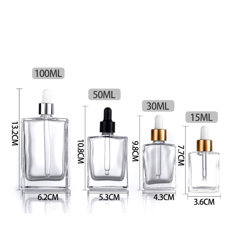 15ml thick bottom flat square dropper bottle clear 30ml 50ml 100ml rectangular glass hair beard oil  bottle