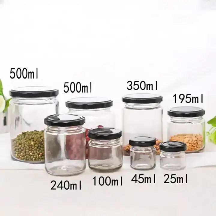 In Stock round 25ml 45ml 100ml 240ml 350ml 500ml glass jam jars for honey sauce pickle storage jar with metal lid