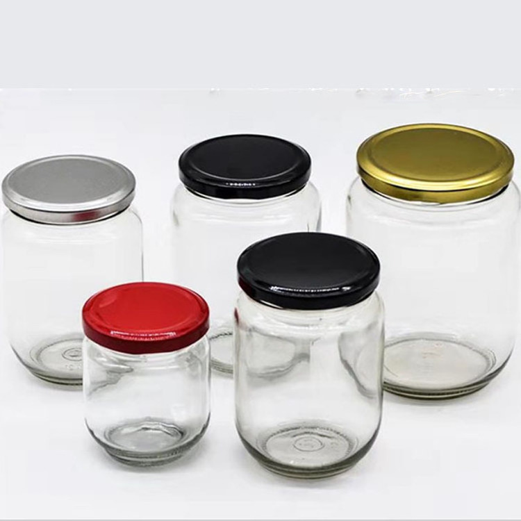 In Stock round 25ml 45ml 100ml 240ml 350ml 500ml glass jam jars for honey sauce pickle storage jar with metal lid