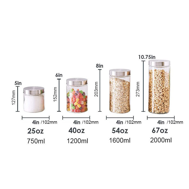 Home Kitchen Airtight large 25oz 40oz 54oz 67oz glass food storage container Canister with Stainless Steel Lid