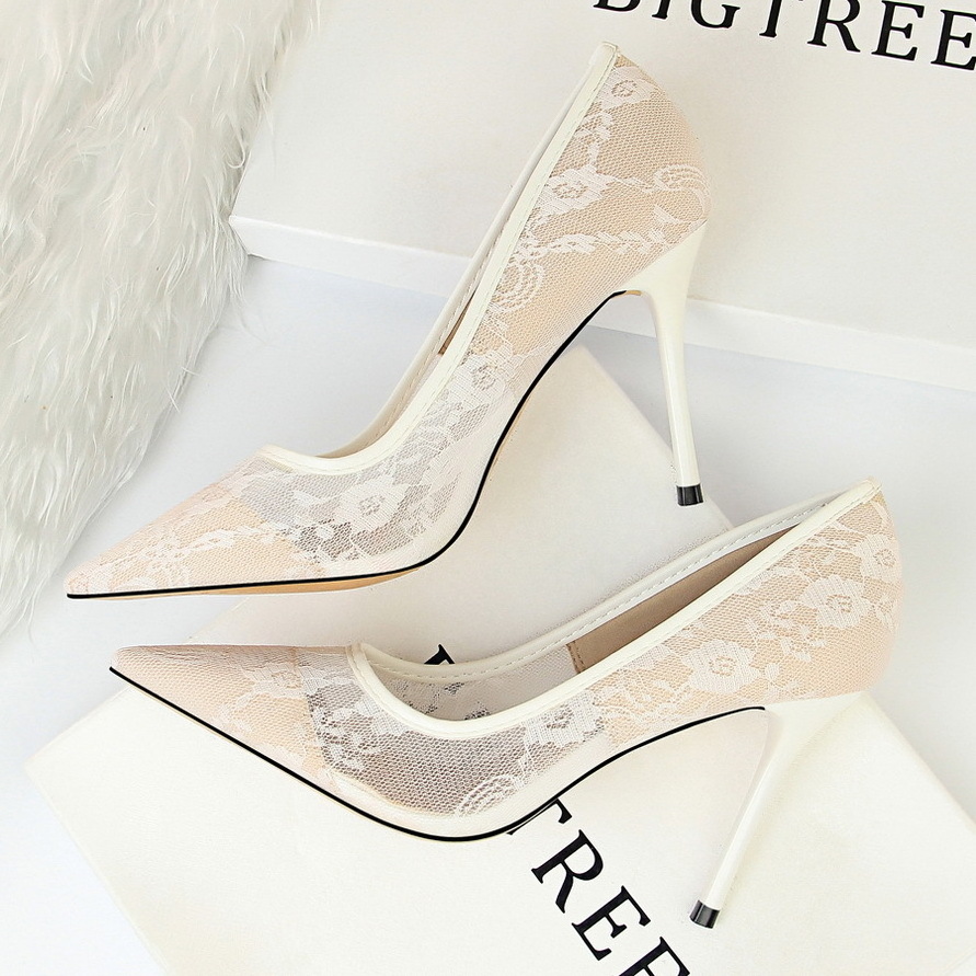 Sexy Heeled Sandals women's shoes stiletto high heels pointed toe mesh lace High heel Shoes