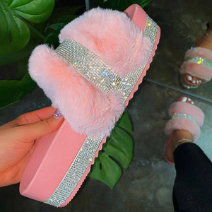 wholesale adult fashion fur sandals  custom furry rabbit fur bling slides for women