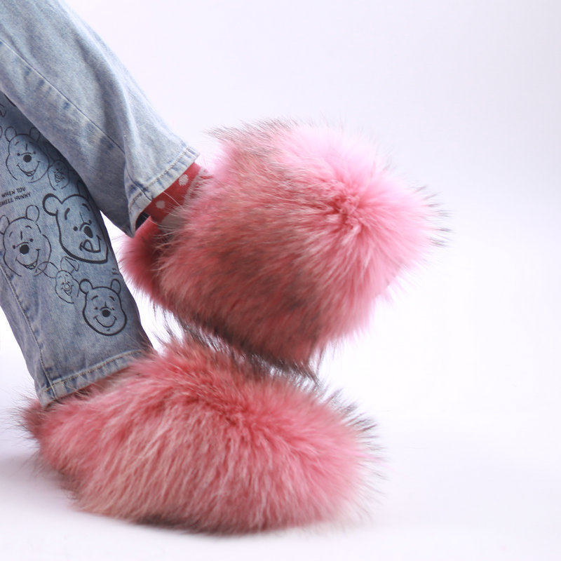 2023 puffy fur slippers flat for women wholesale big fluffy fur raccoon slides