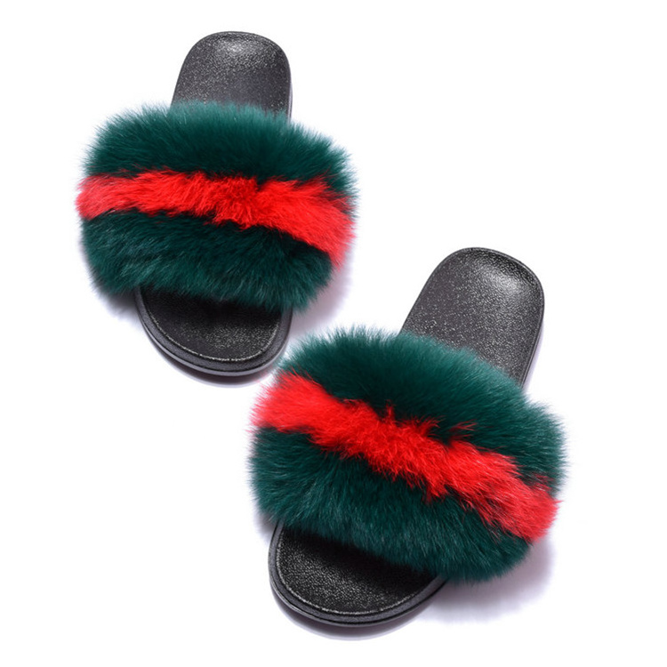 2023 wholesale -fur -slipers  indoor women  and green fox fur slides  sandals faux fur woman shoes