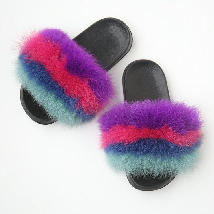 2023 wholesale -fur -slipers  indoor women  and green fox fur slides  sandals faux fur woman shoes