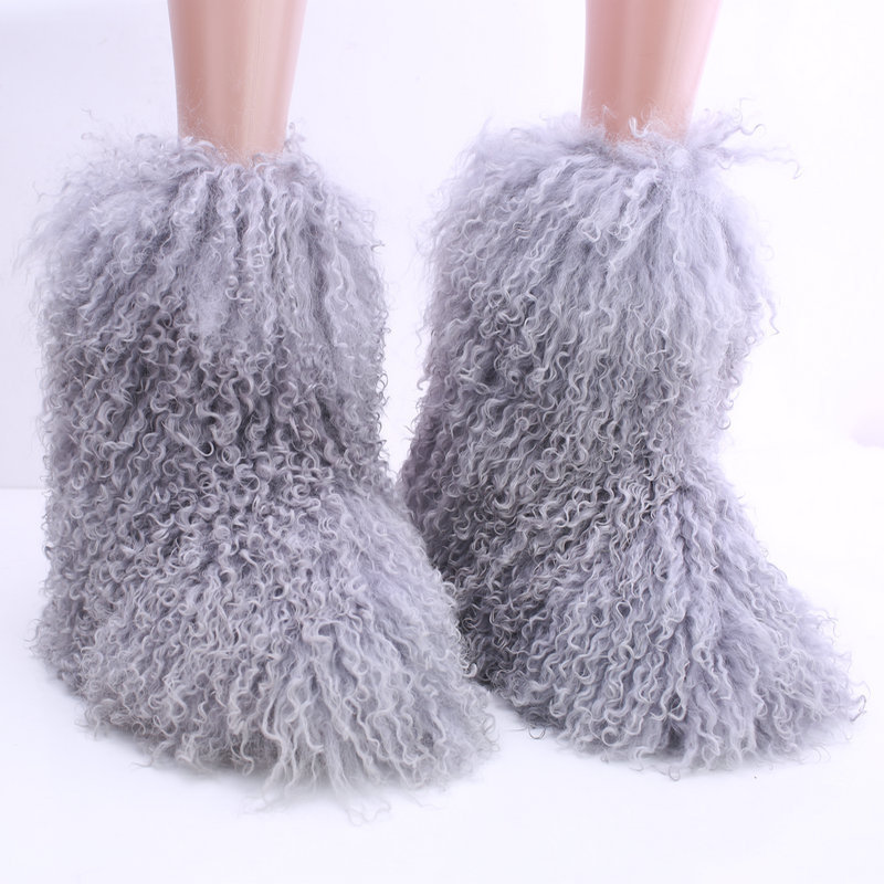 wholesale women Mongolian lamb tibetan long lamb fur boots grey real Mongolian fur boots