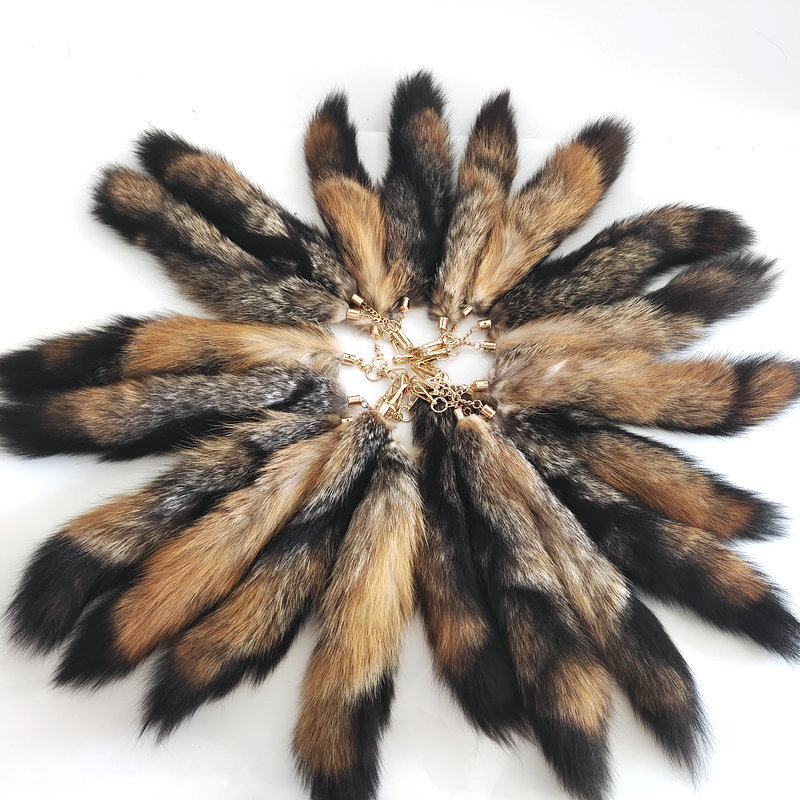 Wholesale crystal 45cm large black fox tail fluffy cheap fox fur tail key chain