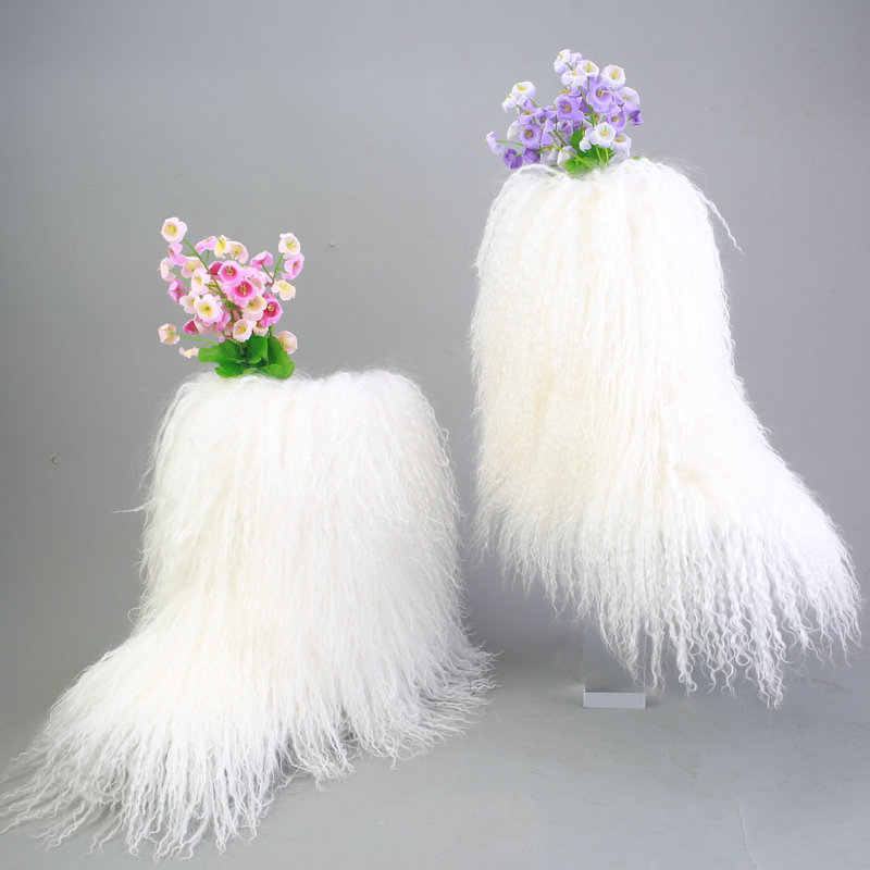 wholesale women Mongolian lamb tibetan long lamb fur boots grey real Mongolian fur boots