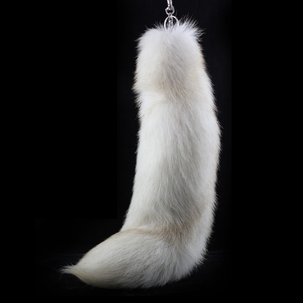 Genuine animal fur 40cm fluffy blue fox fur tail key chain  white color fox tail