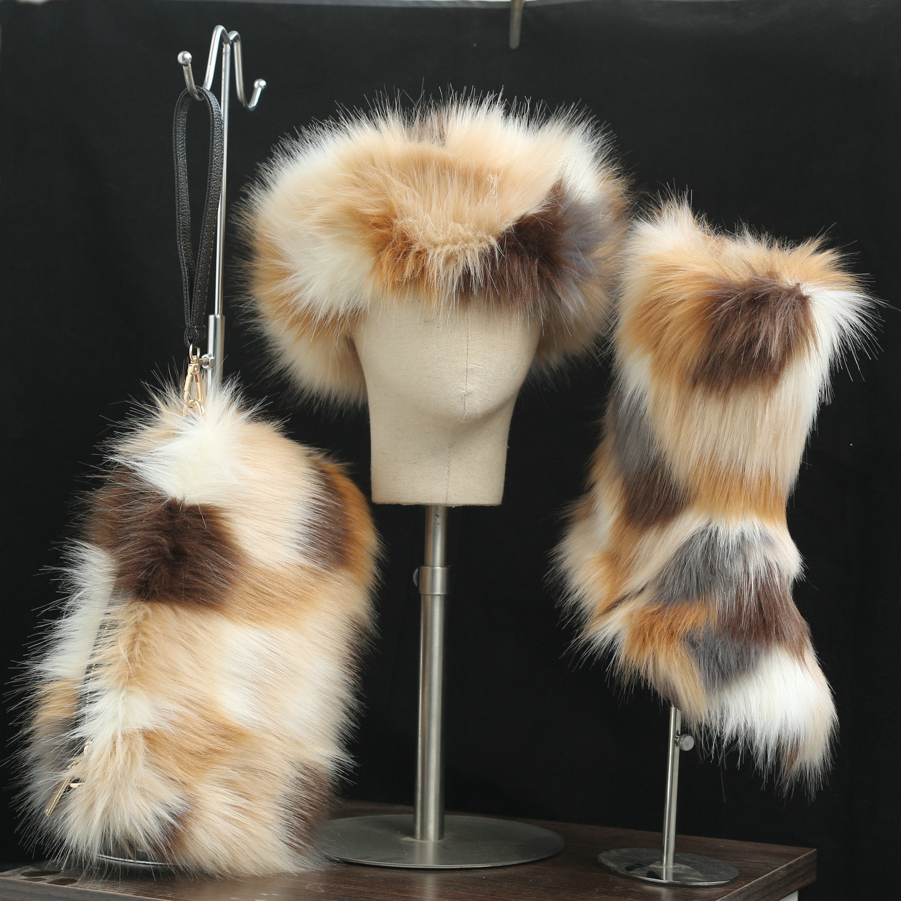 women winter faux fox fur knee snow 3 pieces boots set for ladies women fur hat and boots set