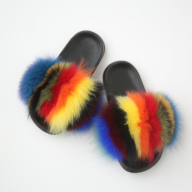 2023 wholesale -fur -slipers  indoor women  and green fox fur slides  sandals faux fur woman shoes