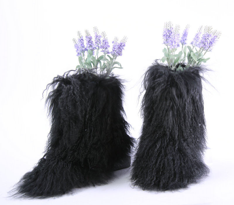 wholesale women Mongolian lamb tibetan long lamb fur boots grey real Mongolian fur boots