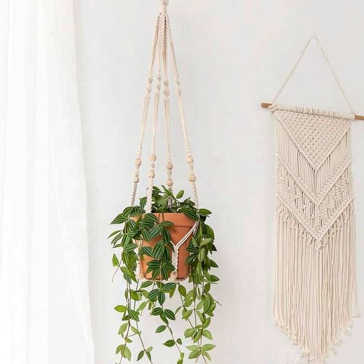 Macrame Plant Hanger Indoor Hanging Planter Basket with Wood Beads Decorative Flower Pot Holder No Tassels for Indoor Outdoor