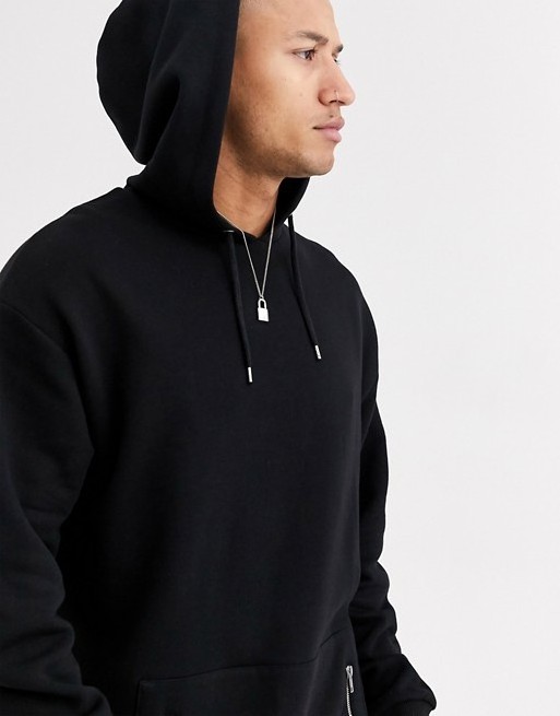 Custom Comfortable Soft Quality Kangaroo Pocket with Side Zipper Cheap Oversized Black Zip Hoodie Men