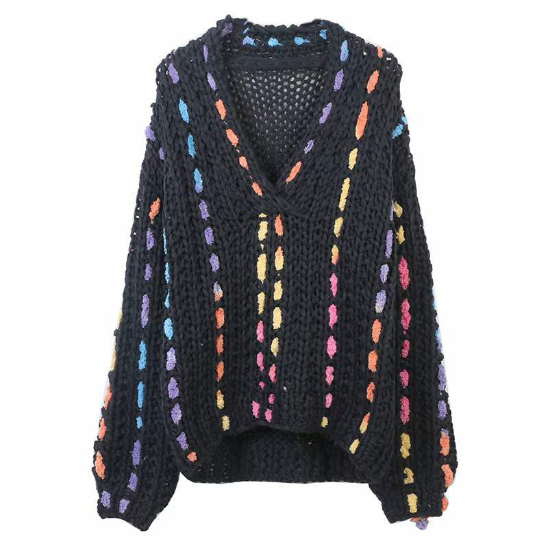 Designer Women's Oversized V Neck Pullover Crochet Knitted Winter Sweater with Long Warm Sleeves Plain Cardigan Top