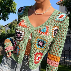 Logo Custom New Boho Crochet Tops Floral Pattern Hollow Button Front Cardigan Women Knitted Sweater Cardigan