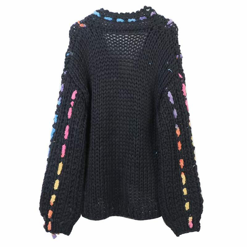 Designer Women's Oversized V Neck Pullover Crochet Knitted Winter Sweater with Long Warm Sleeves Plain Cardigan Top