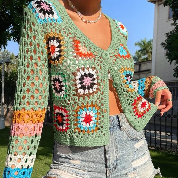 Logo Custom New Boho Crochet Tops Floral Pattern Hollow Button Front Cardigan Women Knitted Sweater Cardigan