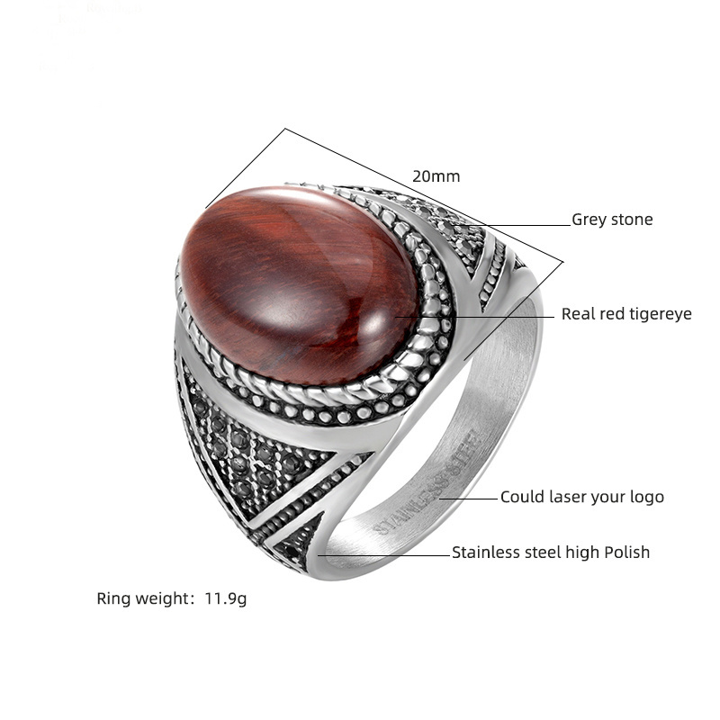 RB men stone ring turkish anillo para hombres Sliver 316l stainless steel casting ring for men red tiger eye ring