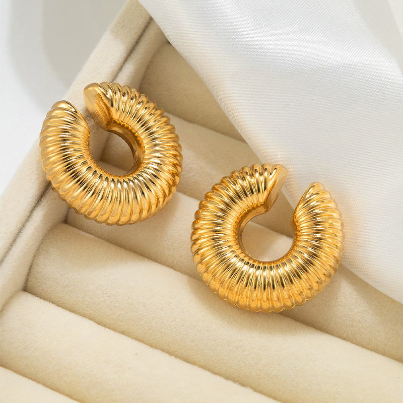 Delicate Stainless Steel Ear Clip Earrings 18K Gold Plated No Pierce Hollowed Chunky Ear Cuff for Women