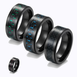 Fashion Jewelry Inlaid Blue Green Red Carbon Fiber Black Rings Stainless Steel Rings For Father's Day Gifts