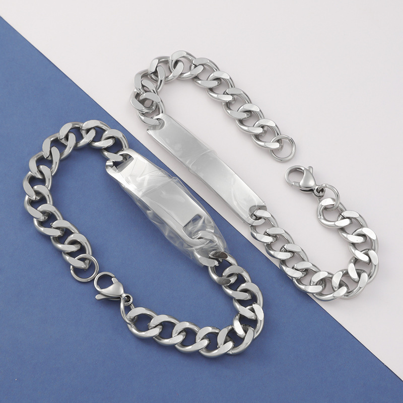 Wholesale Manufacturer Custom Engraved Logo Blanks Curved Bar Stainless Steel Cuban Link Chain Custom Bracelet