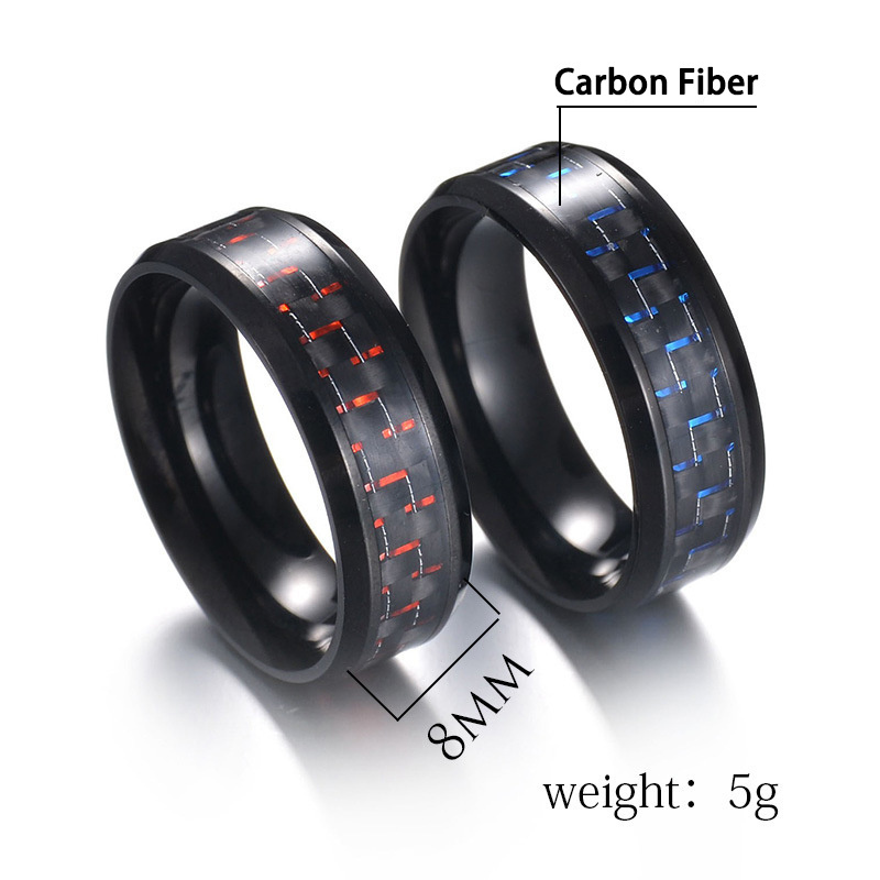 Fashion Jewelry Inlaid Blue Green Red Carbon Fiber Black Rings Stainless Steel Rings For Father's Day Gifts