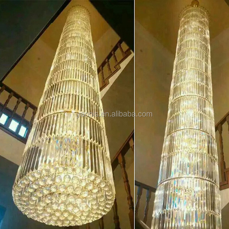 Modern luxury hotel Lobby Stairwell stainless steel glass k9 high ceiling crystal pendant lighting chandelier