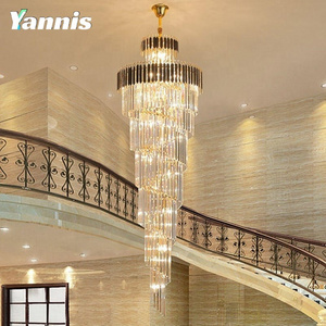 Modern luxury hotel Lobby Stairwell stainless steel glass k9 high ceiling crystal pendant lighting chandelier