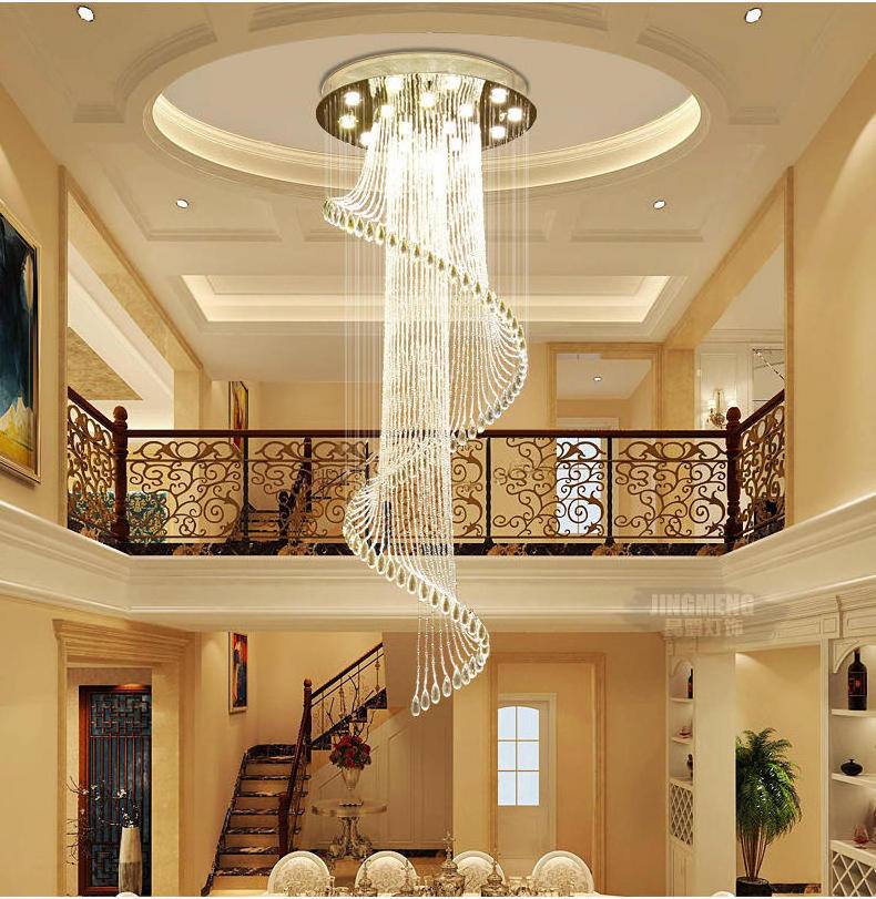 Modern luxury hotel Lobby Stairwell stainless steel glass k9 high ceiling crystal pendant lighting chandelier