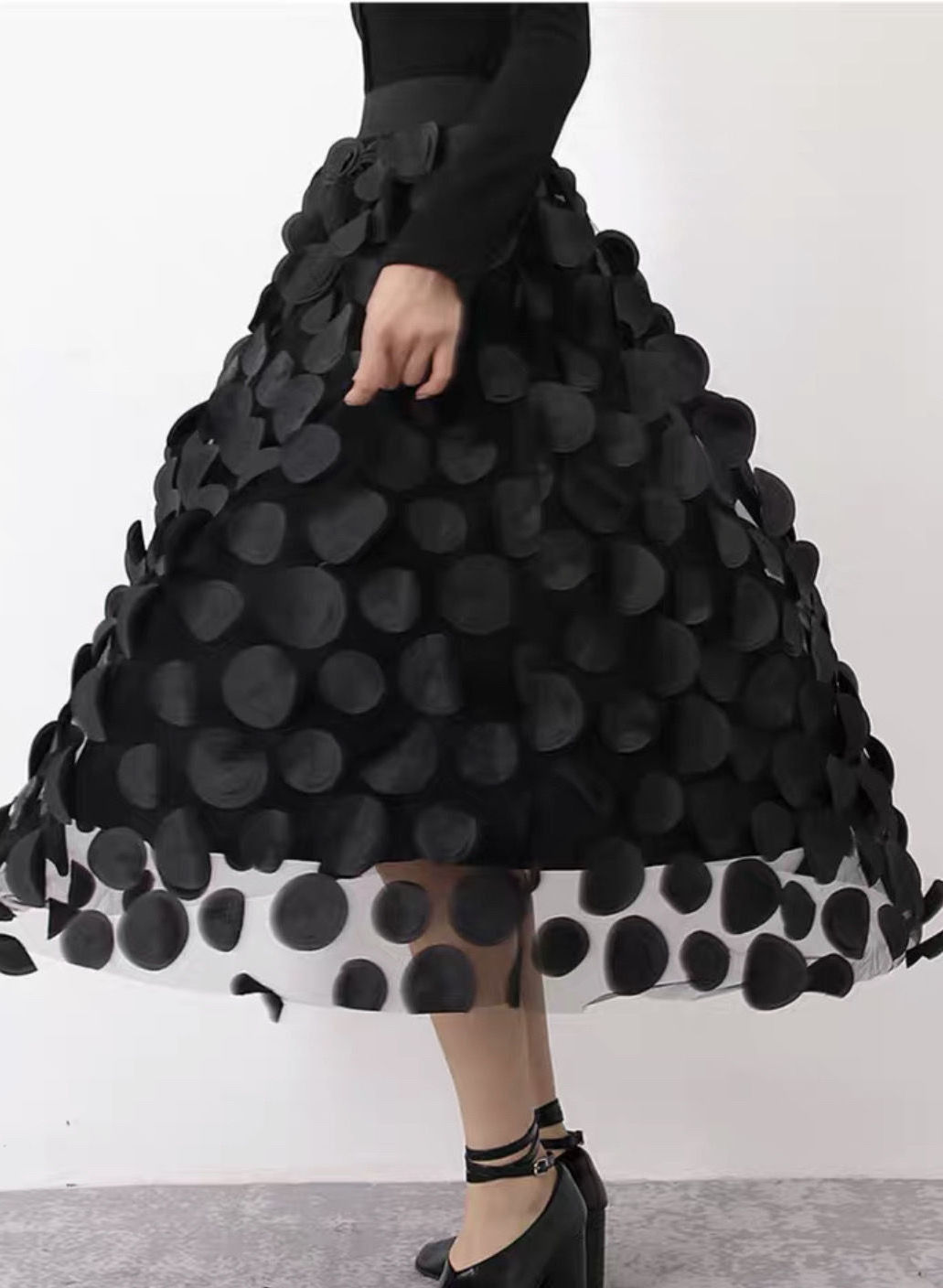 S-3XL Heavy Industry Retro A-line Skirt Large Swing Half Skirt Women's New 3D Wave Dot High Waist Versatile Yarn sheer Skirt