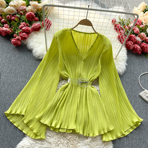 Women Korean Chiffon Blouse Flared Sleeve V Neck Ruched Solid Office Tops Summer Fashion Casual Streetwear Blouses