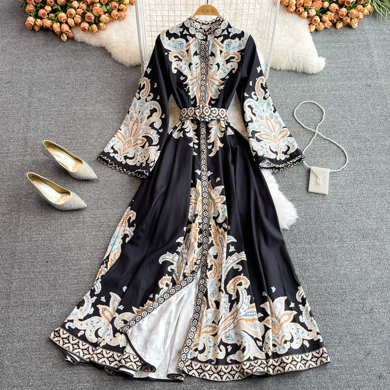 10%OFF  S-2XL Autumn Chinese style printed long-sleeved waist-length dress fashion single-breasted stand-up collar dress