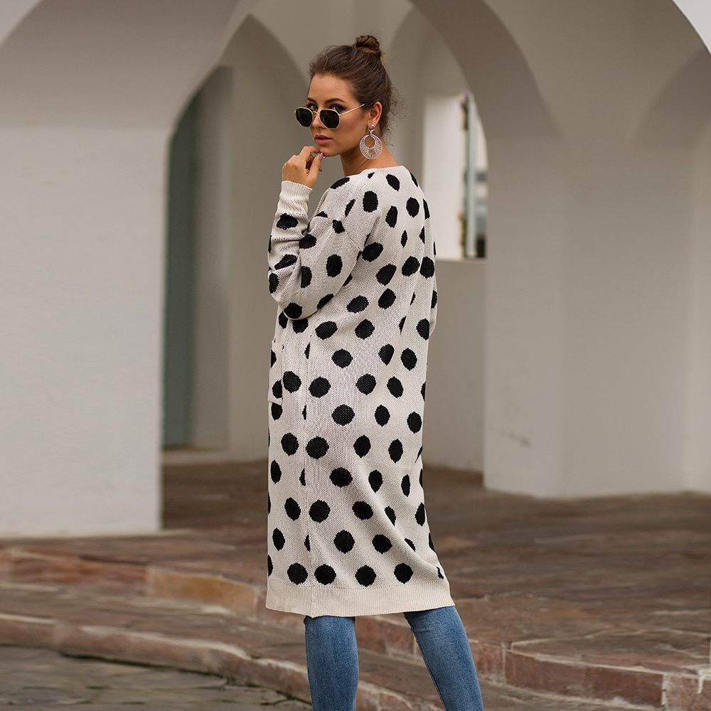 knitting women sweaters cardigan spring fall  polka dot long cardigan plus size long sleeve cardigans with pockets