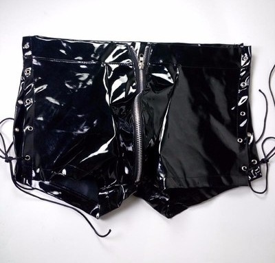 YSMARKET PU Faux Leather Lingerie Sexy Tight Mens Underwear Briefs/Zipper Open Crotch Boxers/Drawstring Hotpants E6739