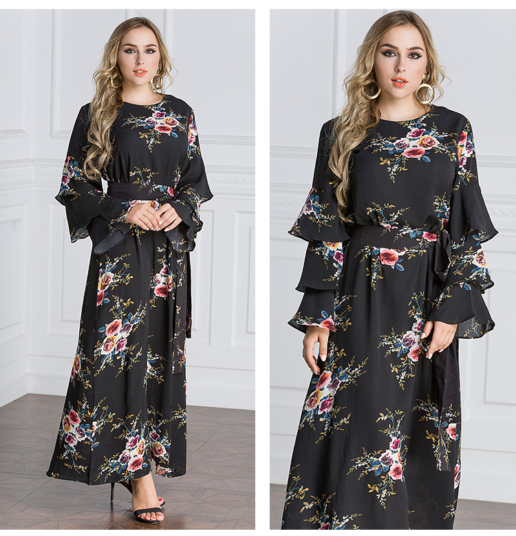 YSMARKET Women Islamic Dress Floral Embroidery Long Sleeve Tassels Skirt O Neck Muslim Dress Blue White Striped Maxi Dress