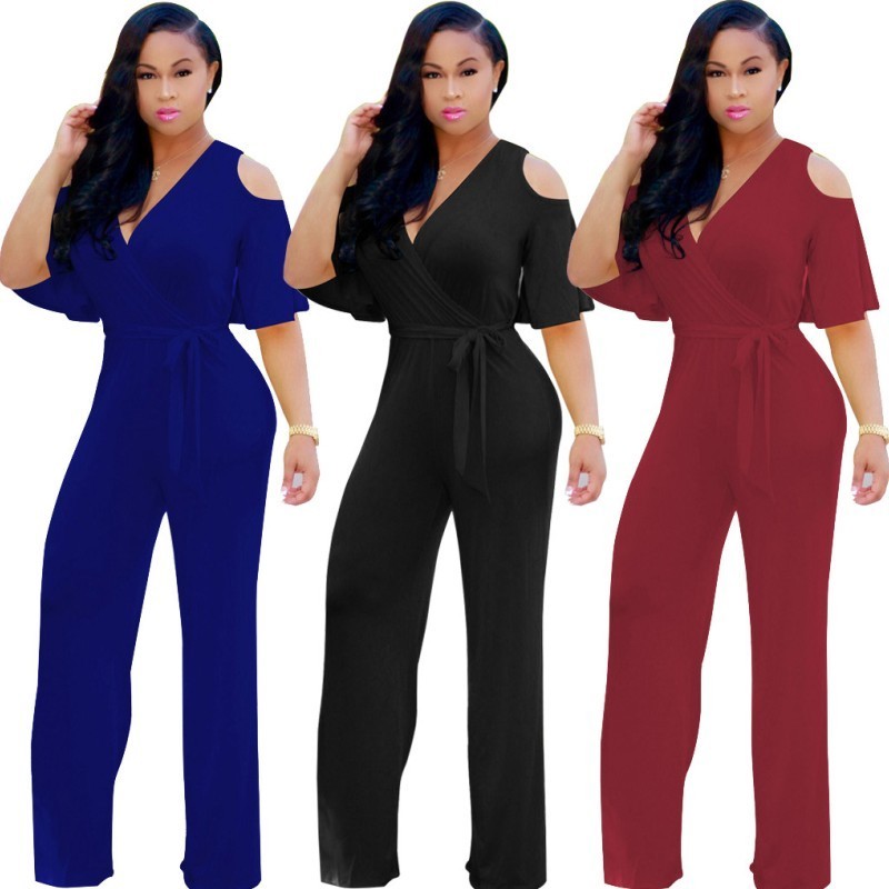 Summer sexy bodycon jumpsuit long pants cold shoulder short sleeve rompers womens jumpsuits plus size clothes E3186