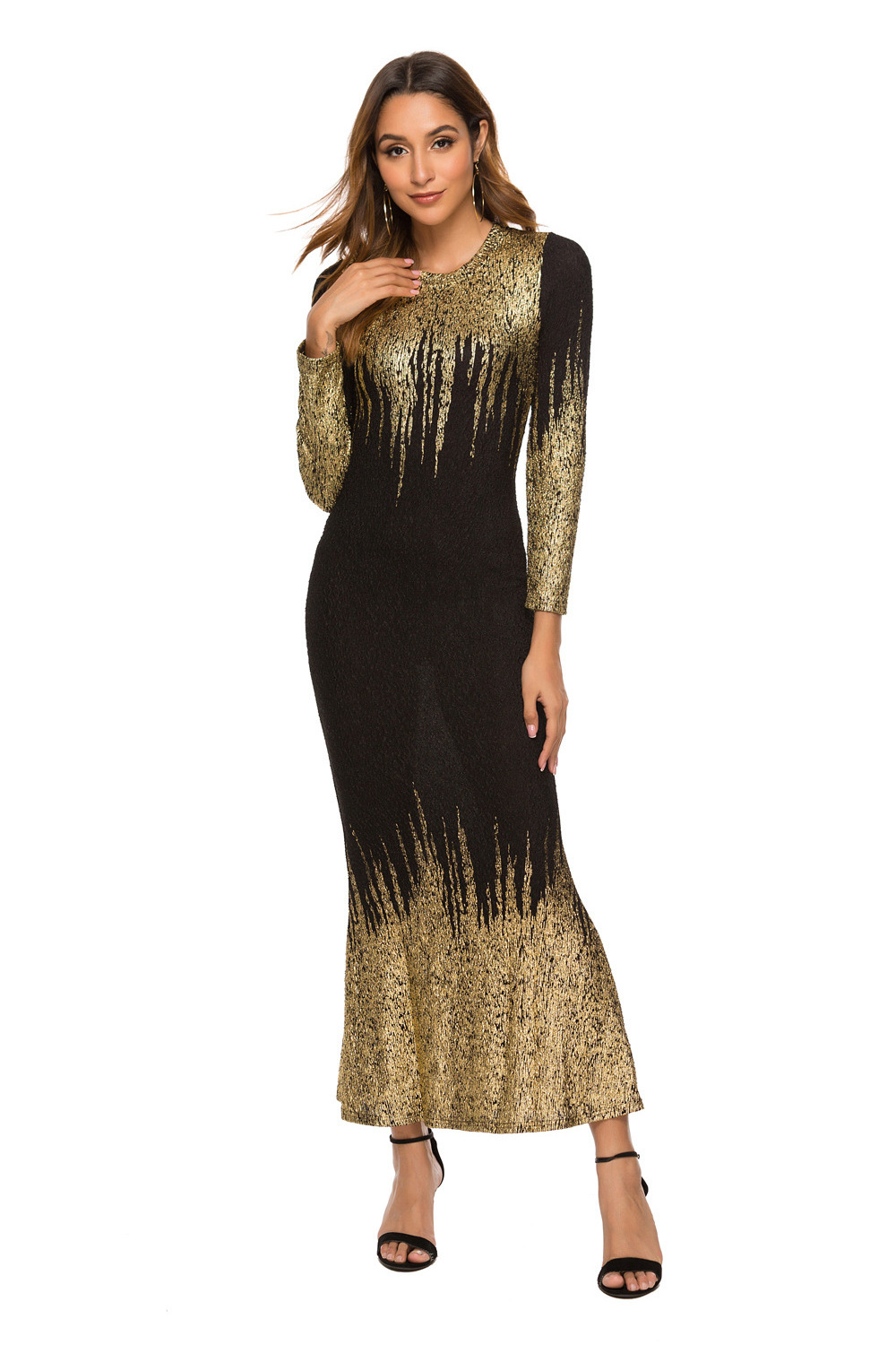 Women Autumn Winter Elegant Sexy long sleeve Party Night Club Dress Black Gold Sequin Maxi Long Elastic Slim dress