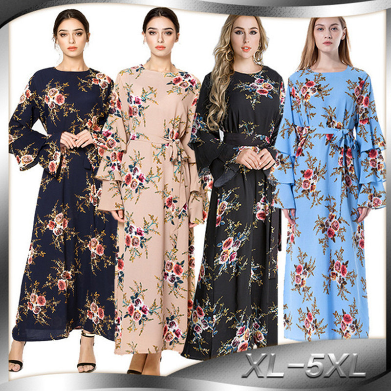 YSMARKET Women Islamic Dress Floral Embroidery Long Sleeve Tassels Skirt O Neck Muslim Dress Blue White Striped Maxi Dress