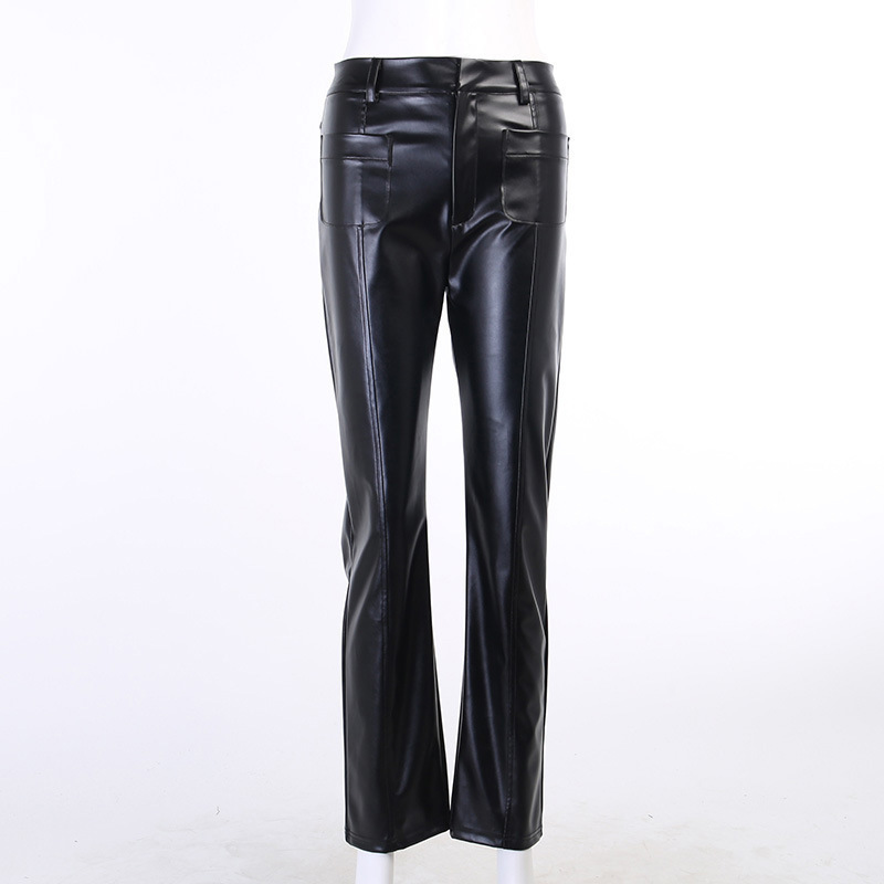 PU Leather Leather Trousers Women Black Brown High Waist Pocket Straight Leg Pants Slim Moto Biker Bodycon Joggers Color Black