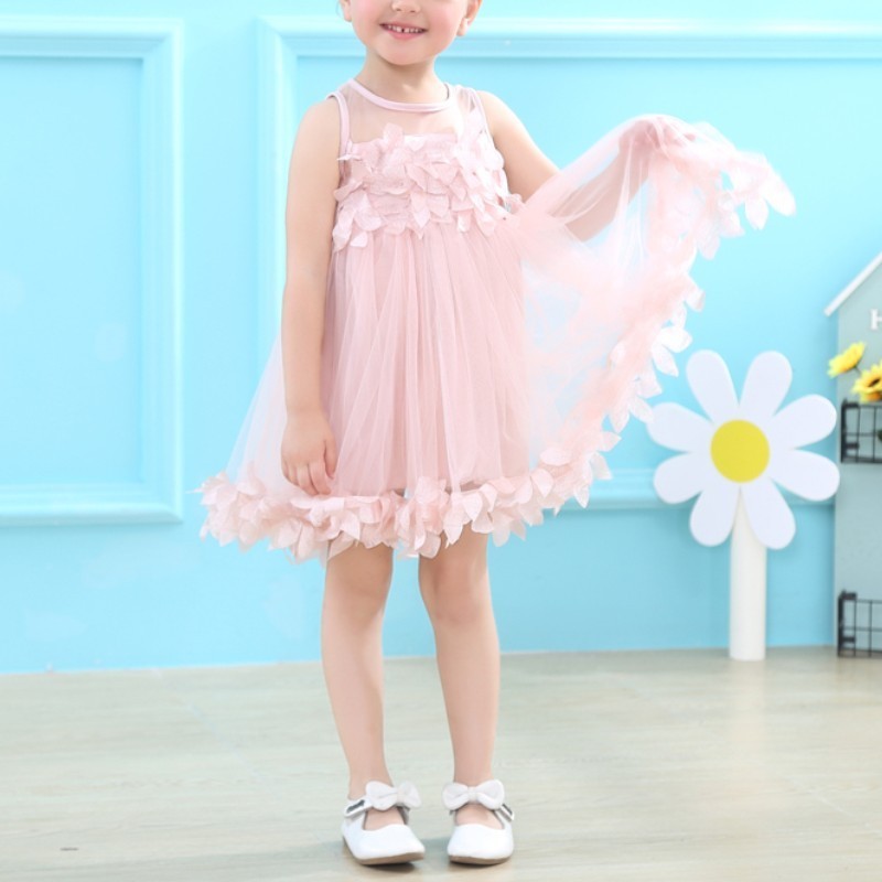 Summer Tank Sleeveless Girls Dresses Sweet Princess Baby Kids Clothing Party Children White Pink Applique EAZ666