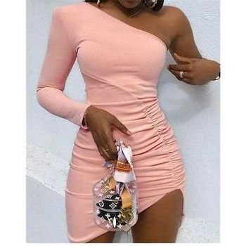 ONE shoulder long sleeve irregular cut out dress small club pink dress E8216