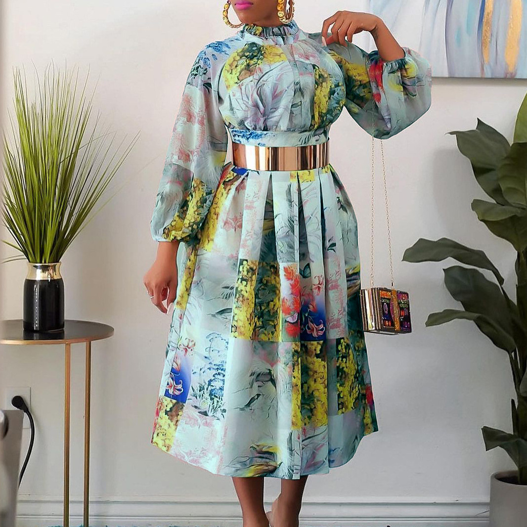 2024 Women Printed Dress A Line Pleated Long Lantern Sleeves with Waist Belt Retro Elegant Office Lady Classy Date Out Dress