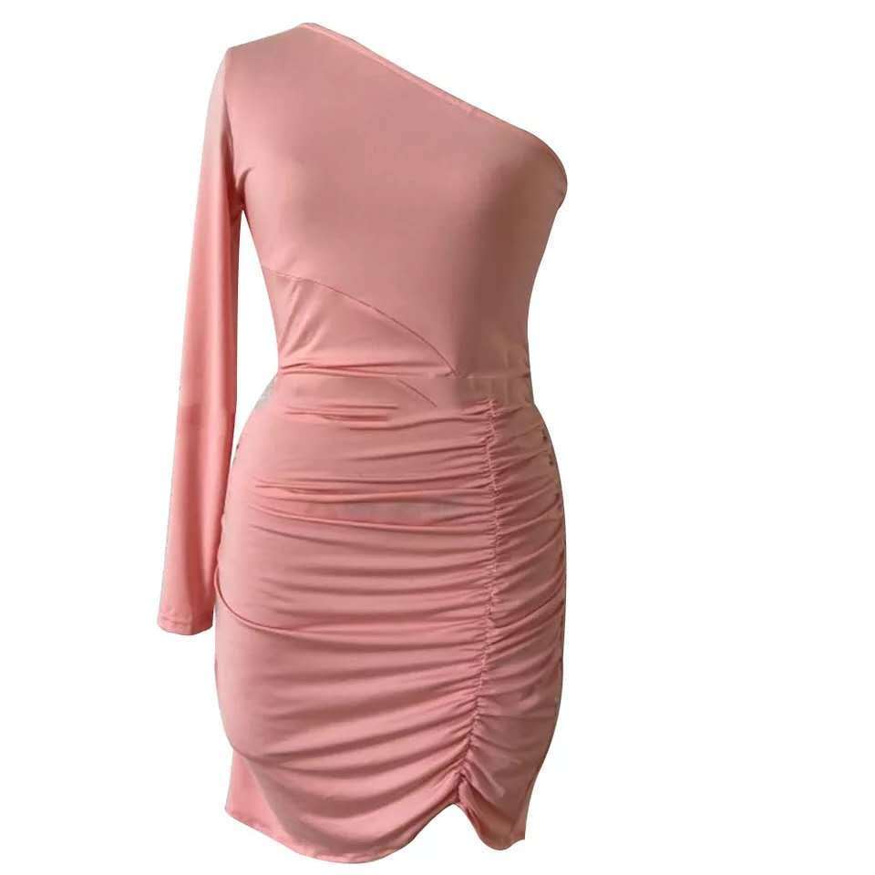 ONE shoulder long sleeve irregular cut out dress small club pink dress E8216